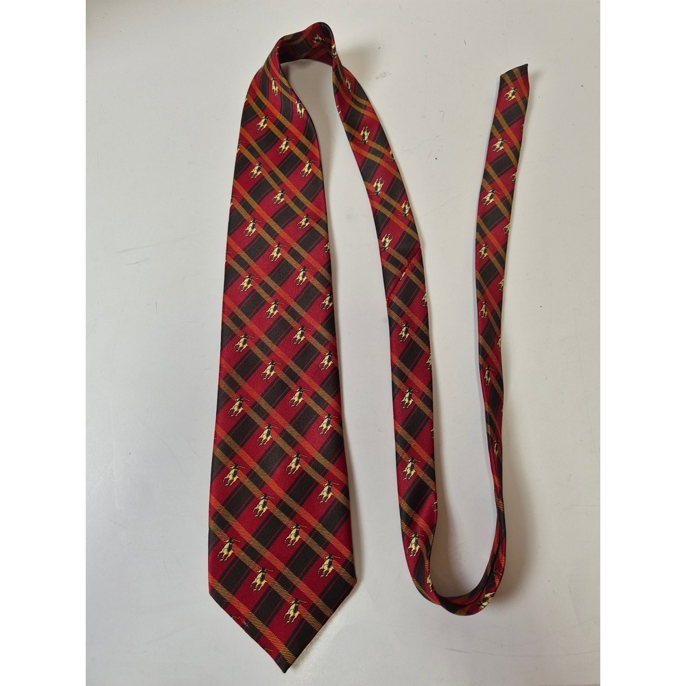 Rene Chagal Mens Red Plaid Equestrian Polo Player Handmade Necktie Tie
